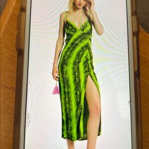 ESSENTIEL ANTWERP DONATELLA LIME GREEN MIDI-LENGTH SNAKE PRINT SLIP DRESS NWOT